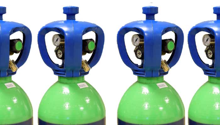 blue and green industrial gas bottles