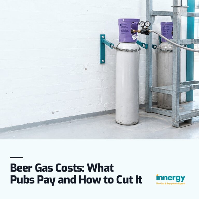 Two gas cylinders chained to a whitewashed pub cellar wall, one connected and one dusty behind steel keg stillage, with the words "Beer Gas Costs: What Pubs Pay and How to Cut It" set on it