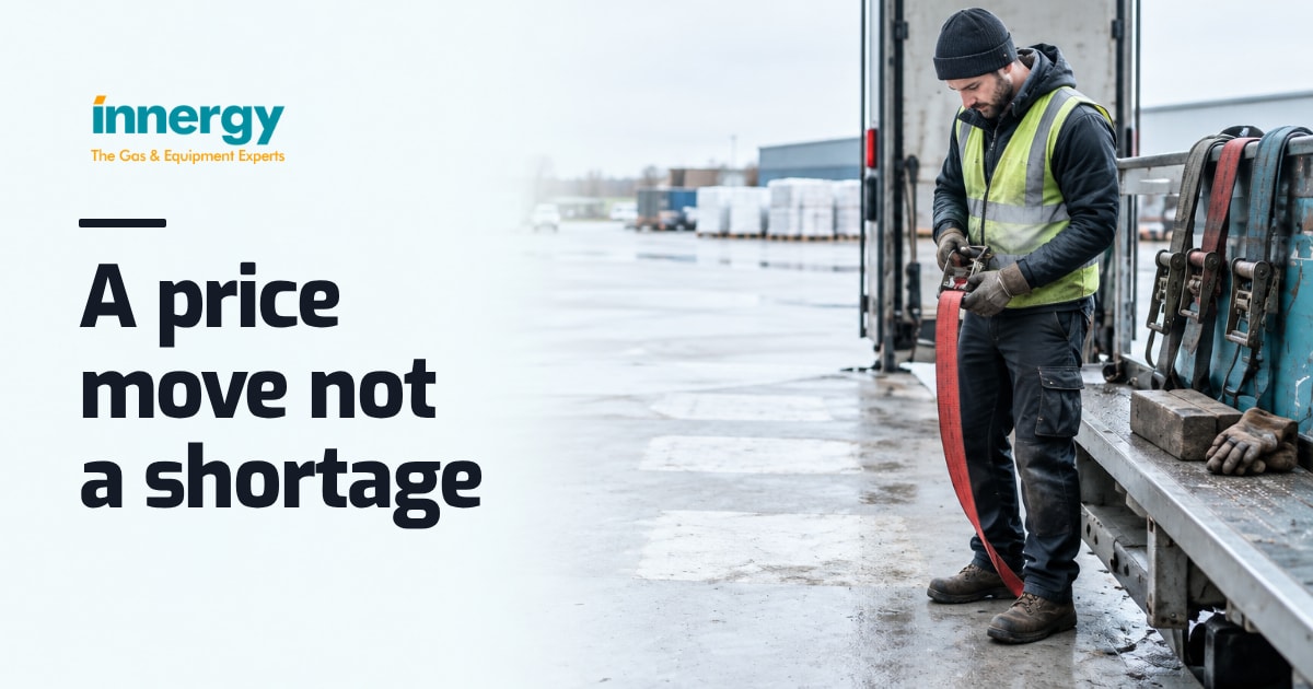 Empty painted steel deck of a flatbed gas delivery lorry with coiled ratchet straps and dry pallet marks, with the words "A price move not a shortage" set on it